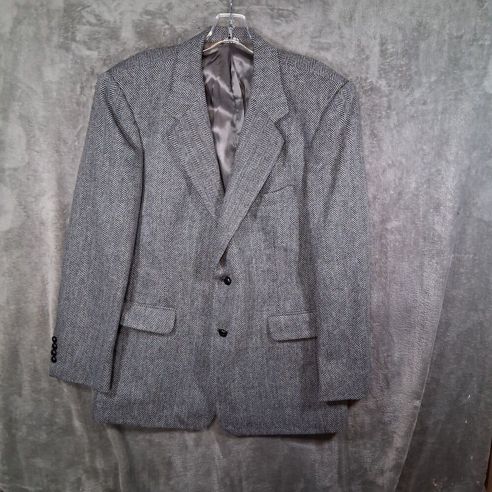 Oakton 44R‎ Blazer Herringbone Pattern Black Grey Suit Jacket Sport Coat